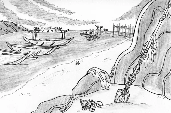 A sketch of a coastline. In the distance is a harbor with figures dancing or celebrating on it. In the water are boats, one with a build-in awning like roof. On the right are rocks on the beach, covered in seaweed and shells, and an ornate, forgotten spear sunk into the sand.